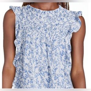 S M L Beachlunchlounge Ruffle Pintuck Pleated Top Blue China Floral Cottagecore